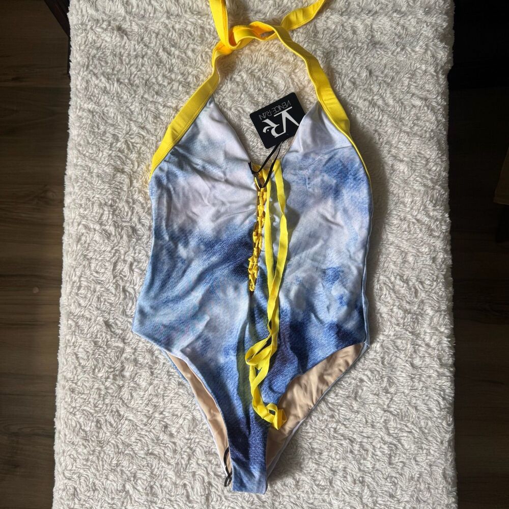 Venice Rani Swimwear Blue Tie Dye Halter Lace Up One Piece Swimsuit Medium NWT
